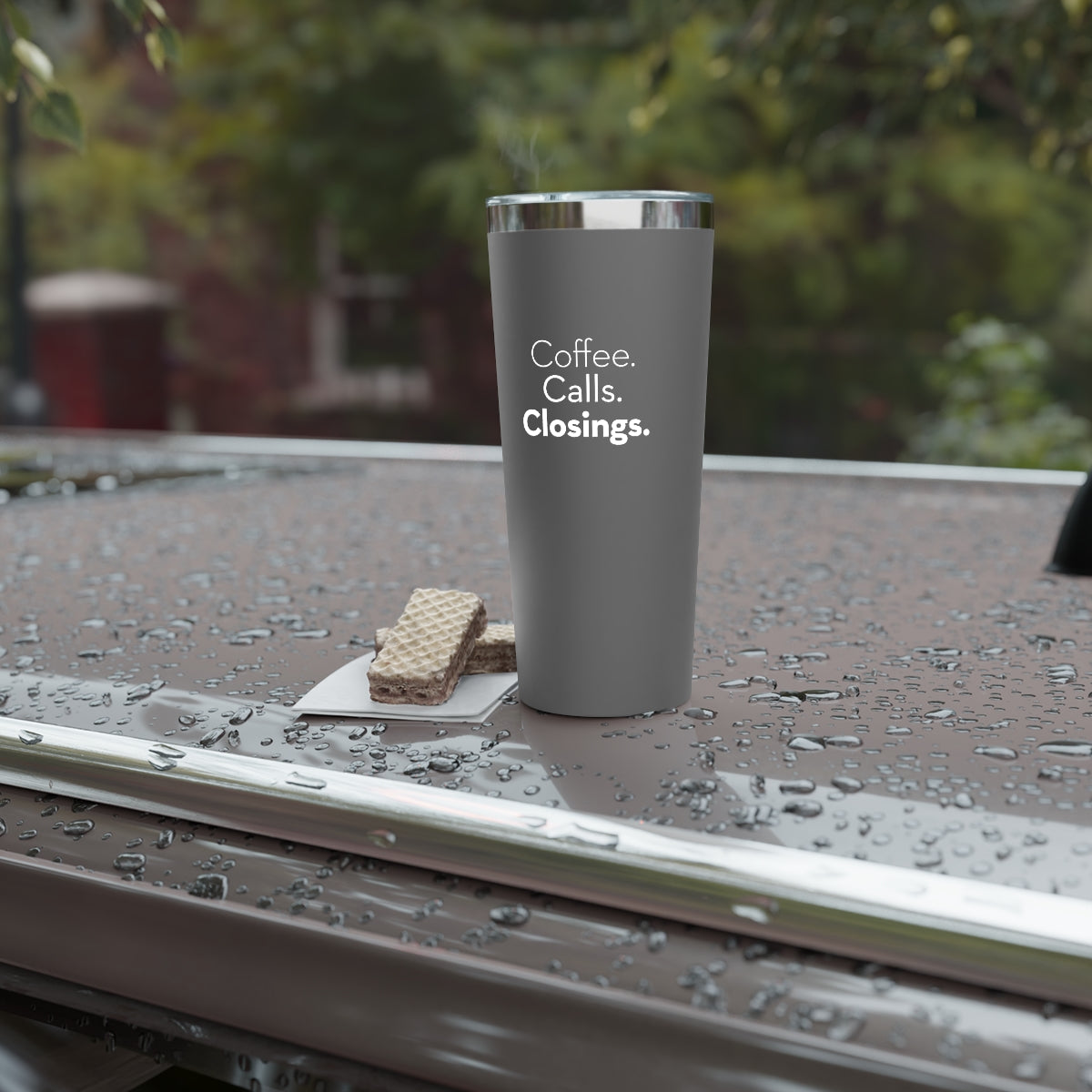 Coffee. Calls. Closings. Copper Vacuum Insulated Tumbler, 22oz Grey